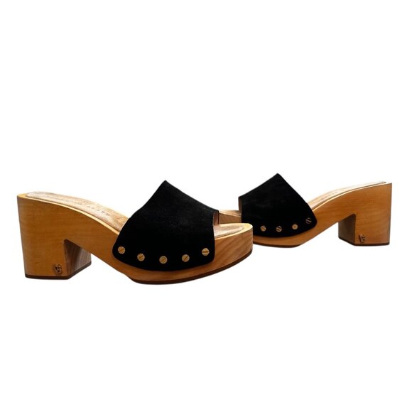 Veronica Beard Hannalee Suede Clogs Women 8 Black Wood Block Heel Platform Retro - Picture 4 of 14